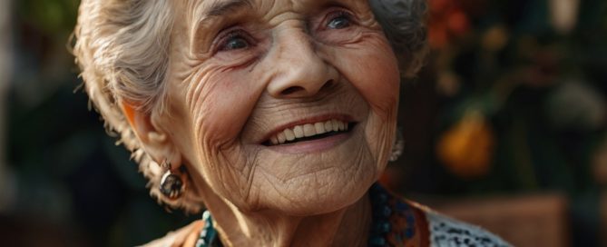 A stylish older woman with silver hair and a warm smile stands confidently outdoors, wearing a vibrant shirt exuding grace and self-assurance.
