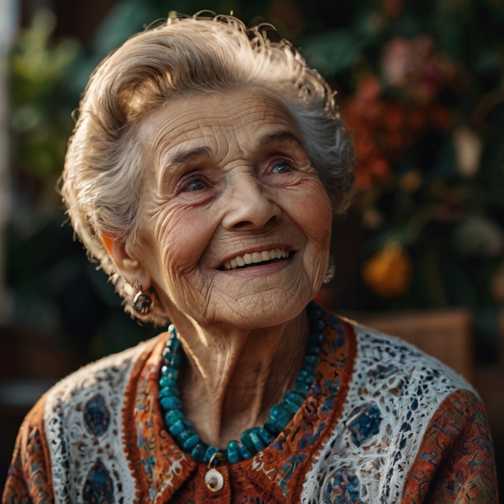 A stylish older woman with silver hair and a warm smile stands confidently outdoors, wearing a vibrant shirt exuding grace and self-assurance.