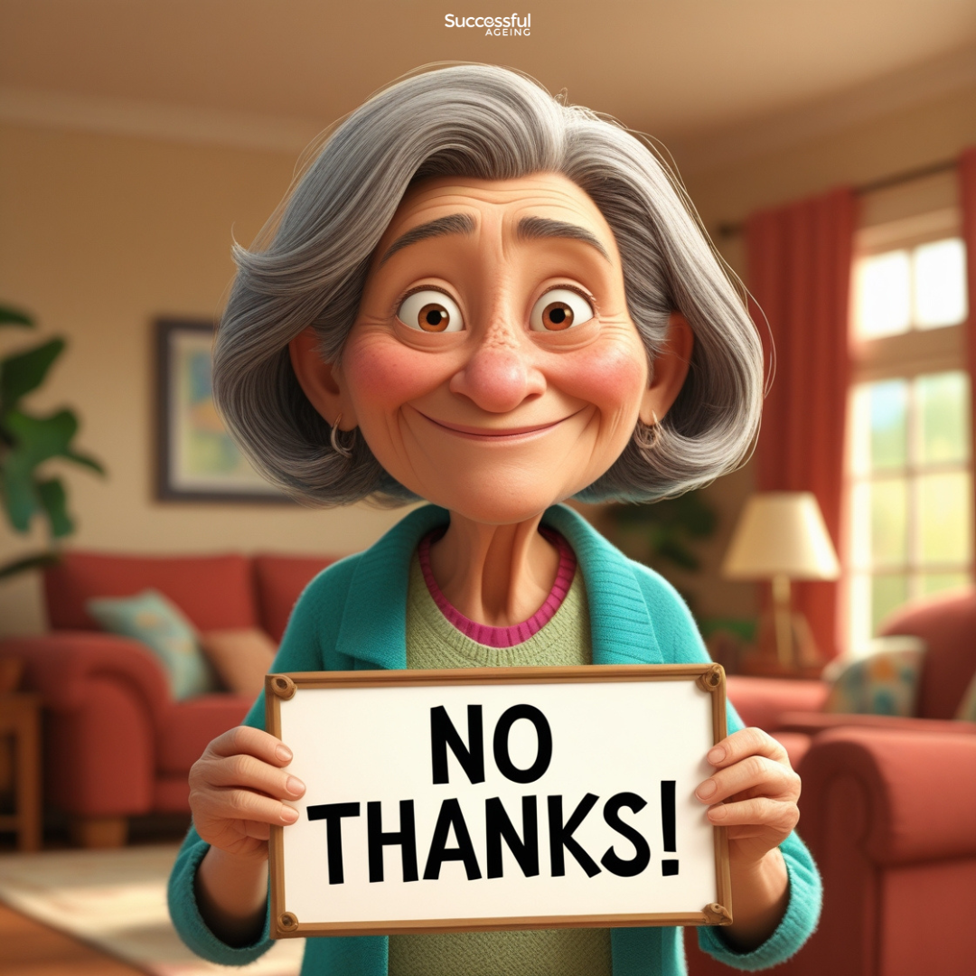 Older woman smiling and holding up a sign that says "No Thanks", symbolising polite refusal and personal choice.