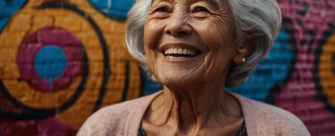 Older woman standing boldly and confidently, wearing vibrant clothes and smiling, radiating strength and self-assurance.