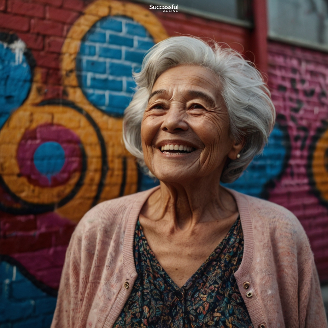 Older woman standing boldly and confidently, wearing vibrant clothes and smiling, radiating strength and self-assurance.