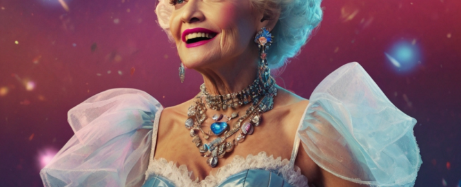 Woman in her 90s wearing bold, stylish clothing and striking a confident pose, smiling brightly and expressing joy, embodying the spirit of ageing loudly and proudly.