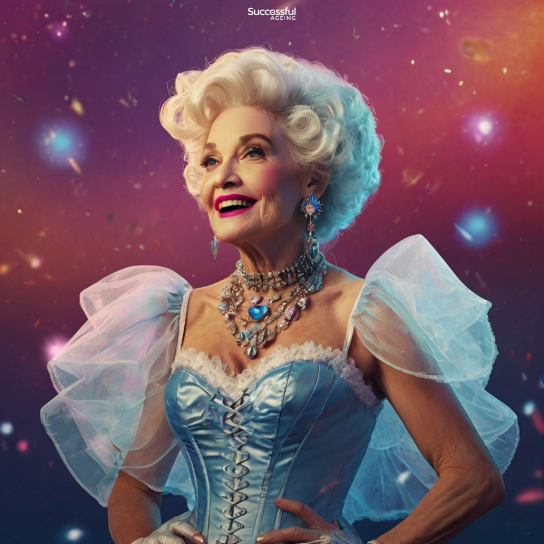 Woman in her 90s wearing bold, stylish clothing and striking a confident pose, smiling brightly and expressing joy, embodying the spirit of ageing loudly and proudly.