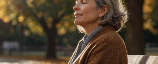 A middle-aged woman sitting peacefully on a park bench in soft afternoon light, eyes closed, exhaling deeply with a gentle smile — a moment of emotional release and relief